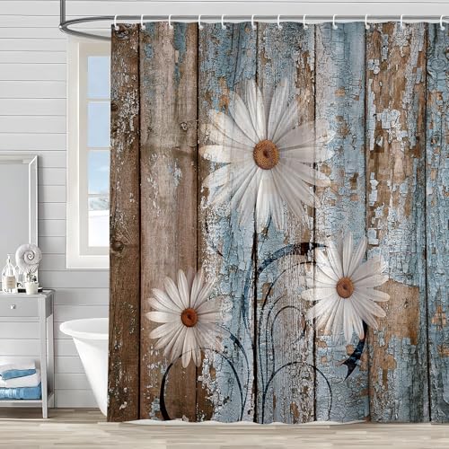 Rustic Floral Shower Curtain - White Daisy & Vintage Barn Design, 70x70 Inches