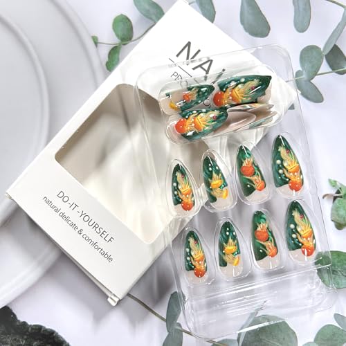 Blue Green Jellyfish Press on Nails Medium Almond Glossy False Nails