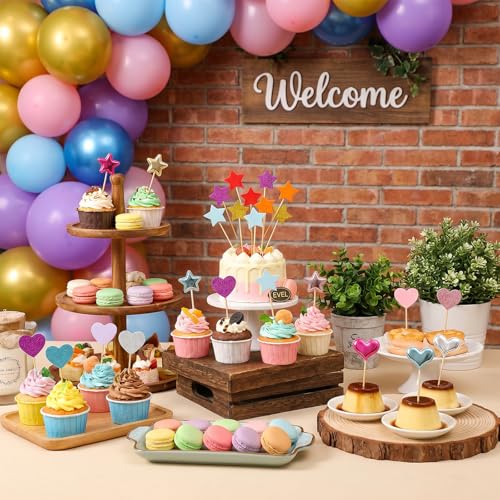 30 Pcs Glitter Star and Heart Cupcake Toppers Rainbow Cake Picks