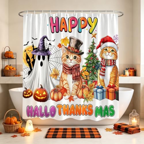 Happy Hallothanksmas Cat Ghost Shower Curtain 70x70, White Holiday Decor