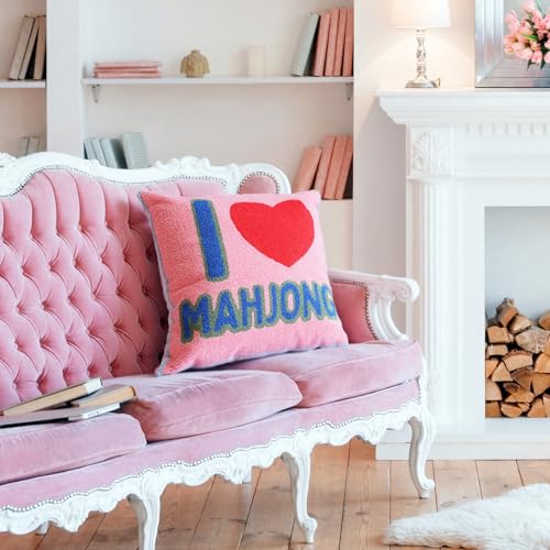 Pink Mahjong Style Throw Pillow - Towel Embroidered, 17.7''