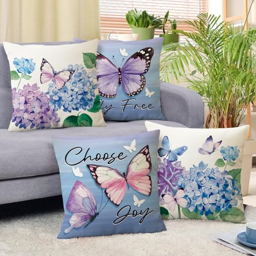 Butterfly Decorative Throw Pillow Covers Set of 4 - 16x16 Blue Floral