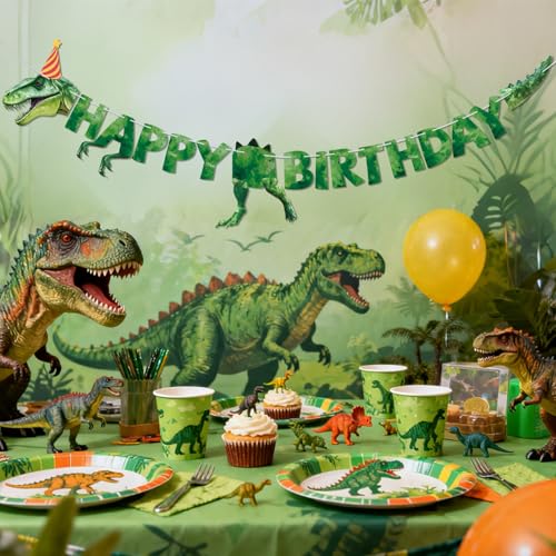 Dinosaur Happy Birthday Banner - Watercolor Green T-Rex Party Decoration