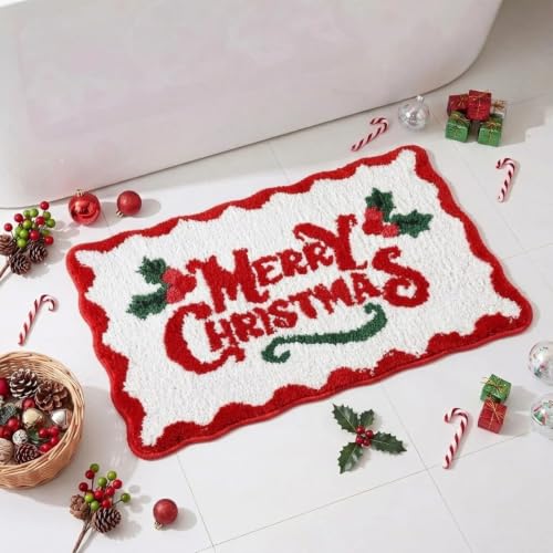 Dunzy Christmas Scalloped Bathroom Rug Bath Mat Beige - Merry Christmas Variation