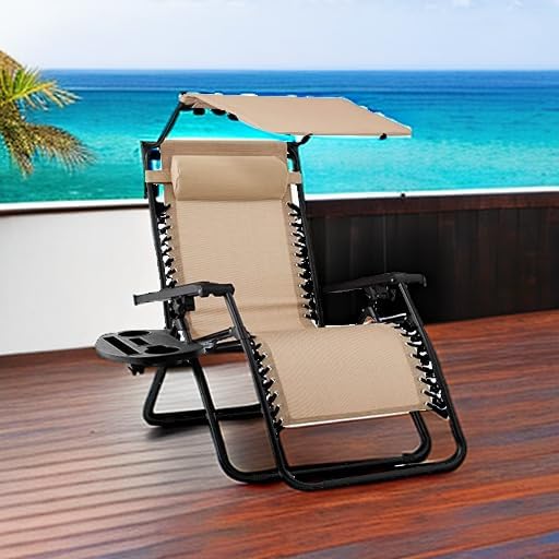 Best Choice Products Folding Zero Gravity Recliner Chair - Adjustable Canopy, Headrest & Side Tray - Beige