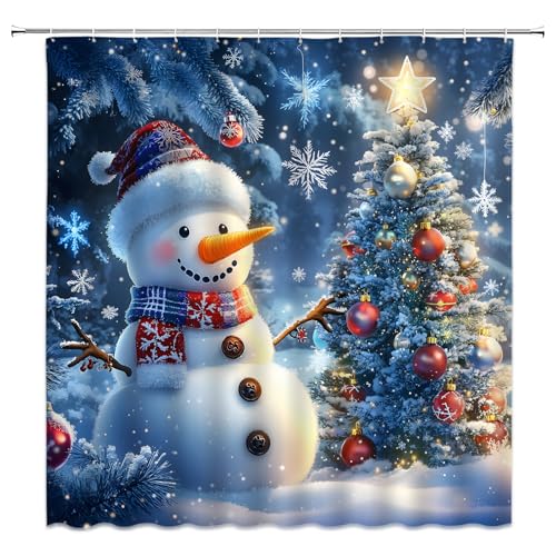 ABONAN Winter Snowman Shower Curtain, 70 x 70 Inch Christmas Bathroom Decor