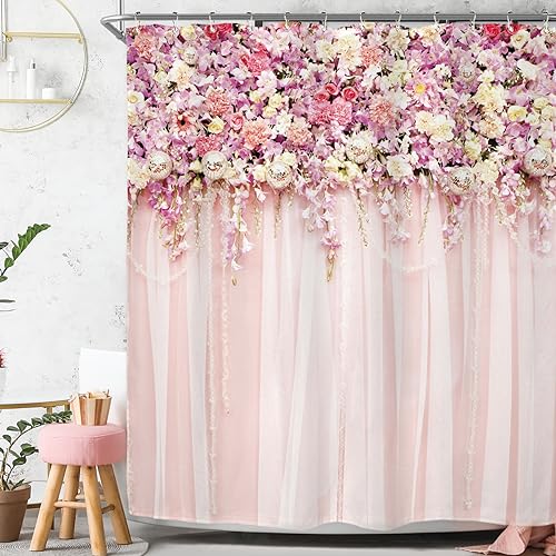 Riyidecor Pink Floral Shower Curtain 72"x72" with Hooks - Bridal Decor