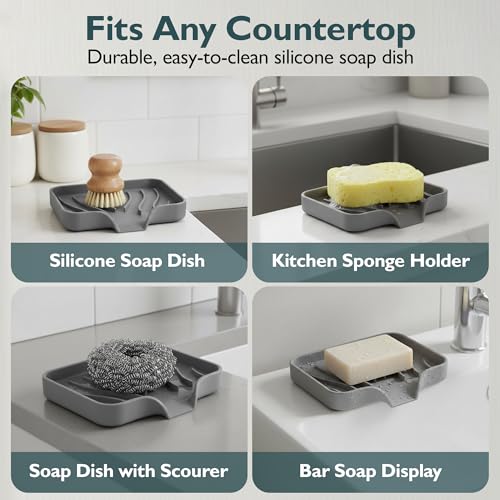 1 Pack Self Draining Silicone Soap Dish with Drain Spout for Bathroom & Kitchen