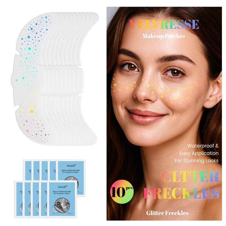 BESTOCEAN Glitter Freckles Face Tattoos with Makeup Remover Wipes