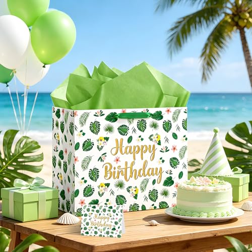 Tropical Hawaiian Birthday Gift Bag Set with Tissue Paper & Card