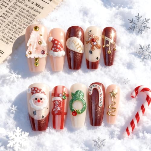 Christmas Press on Nails Medium Square French Tip Fake Nails with 3D Beads