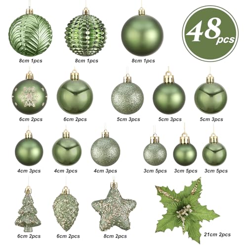 48-Pack Green Shatterproof Christmas Ornaments Set with Glitter and Holiday Decorations