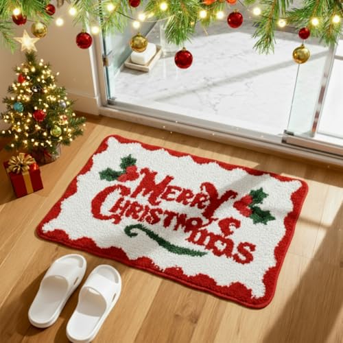 Dunzy Christmas Scalloped Bathroom Rug Bath Mat Beige - Merry Christmas Variation
