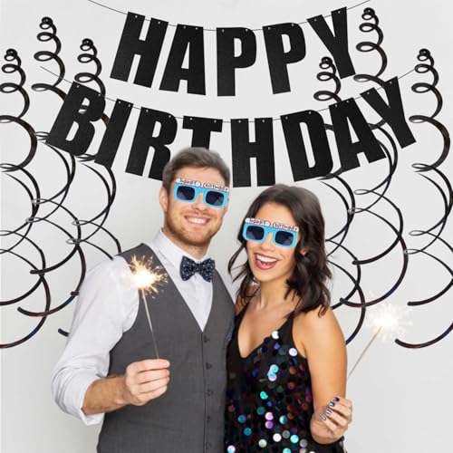 Black Glitter Happy Birthday Banner with Hanging Swirls - 7pcs Set