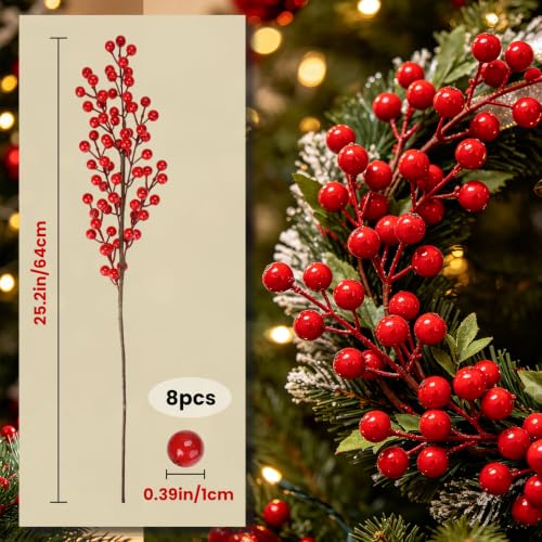 8pcs Red Berry Stems for Christmas Decorations, Artificial Holiday Floral Picks