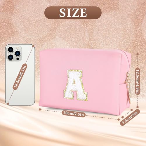 LLNC Personalized Initial Makeup Bag - Waterproof PU Leather Preppy Cosmetic Bag with Double Zipper
