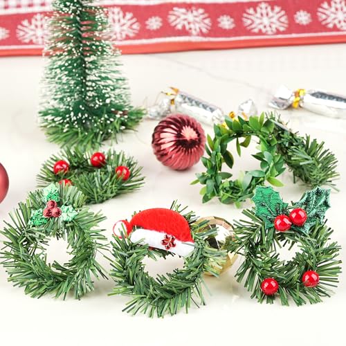 Christmas Napkin Rings Set of 12 - Green Leaf Wreath Holiday Table Decor