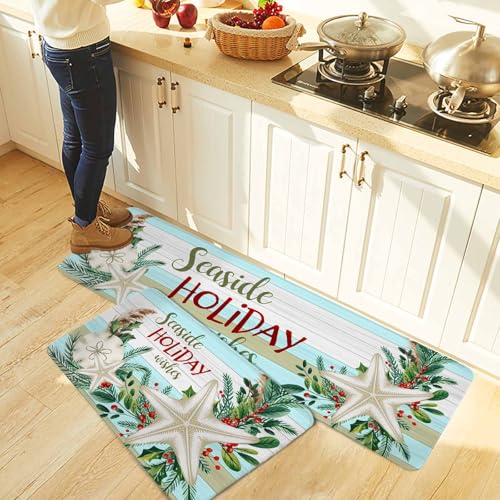 Christmas Coastal Kitchen Rugs 2-Piece Set Non-Slip Absorbent Mats - 16x24 & 16x47 Variation of THIS listing