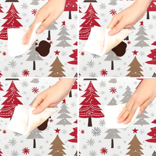 56-Inch Round Elastic Christmas Tablecloth with Red White Tree Design - Waterproof & Fitted Fleece for Kitchen, Party