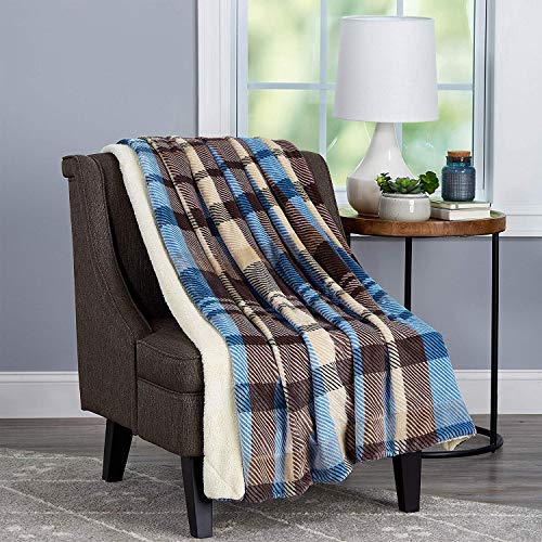 Lavish Home Poly Fleece Sherpa Throw - Oversized Plush Woven Polyester Sofa and Bed Blanket - Breathable and Machine Washable (Blue/Brown Plaid)
