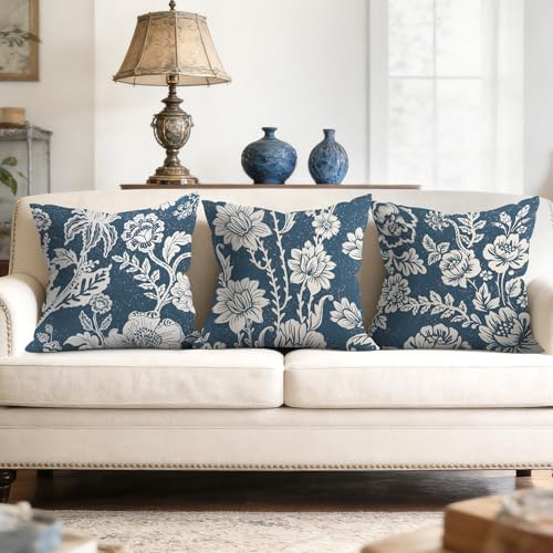 Navy Blue Floral Velvet Throw Pillow Covers - Set of 4, 18x18