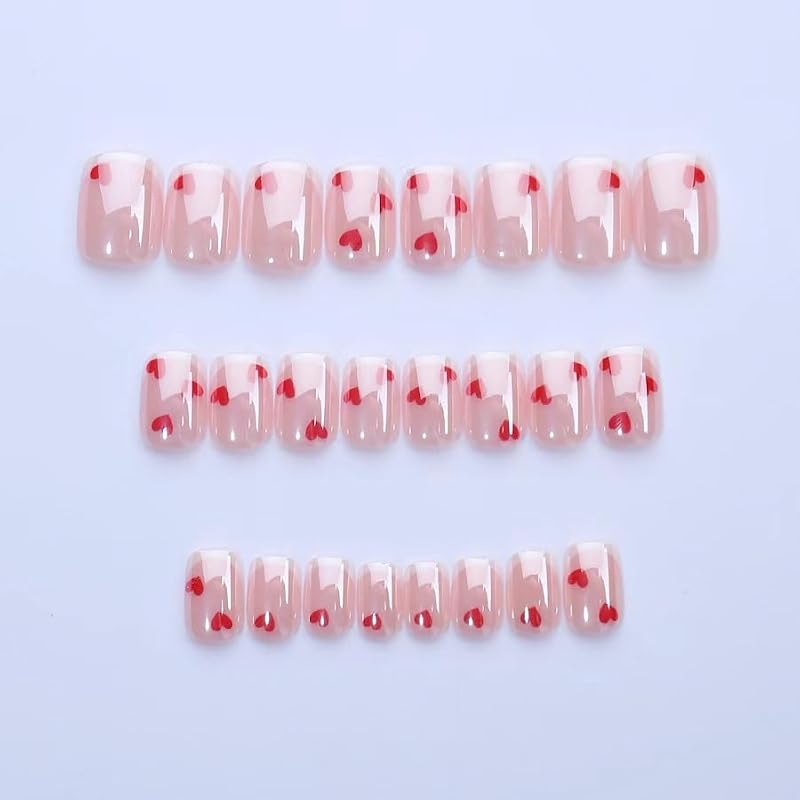 Valentine Press on Nails Short Square French Heart Fake Nails Acrylic