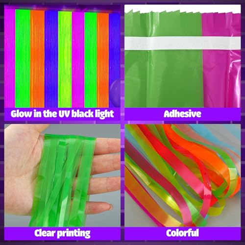 Neon Foil Fringe Curtains - 2 Pack Glow in The Dark Tinsel Streamers, 3.3 x 6.6 Ft