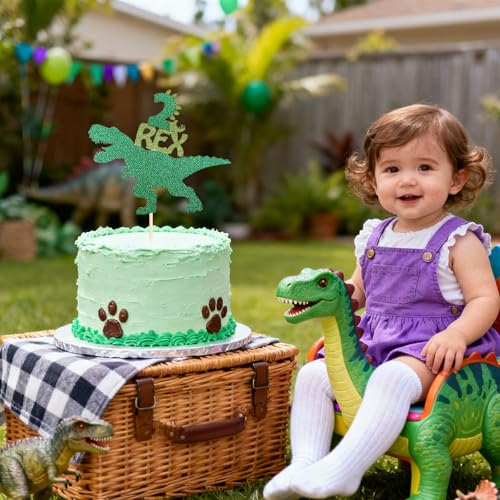 Dinosaur 2nd Birthday Cake Topper - Green Glitter T-Rex Decoration