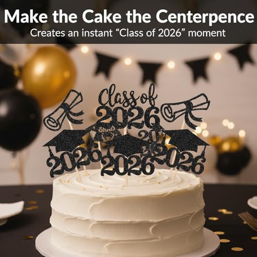 36 PCS Class of 2026 Graduation Cupcake Toppers - Black Glitter