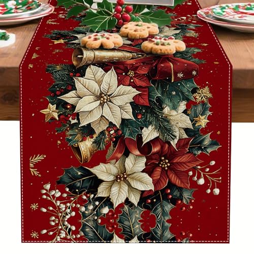 Christmas Table Runner 13x72 Inches - Red Vintage Poinsettia Variation