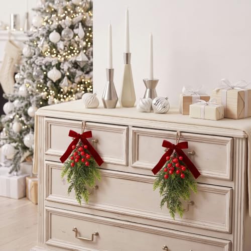 Christmas Mini Cedar Swags with Velvet Bow - Set of 6, 10.6 Inches