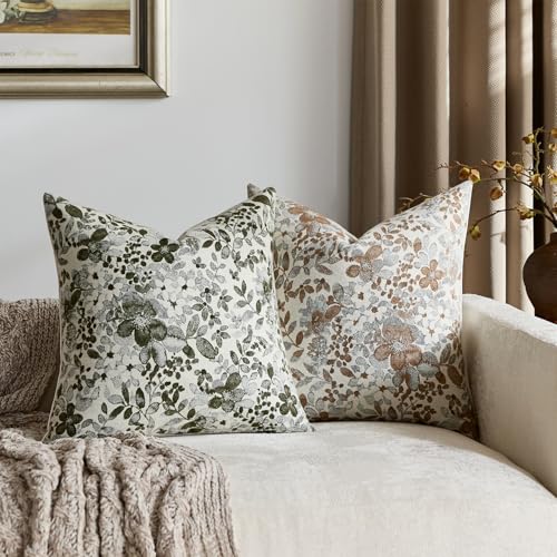 Purewish Vintage Floral Chenille Throw Pillow Covers 18x18 - Camel (Pack of 2)