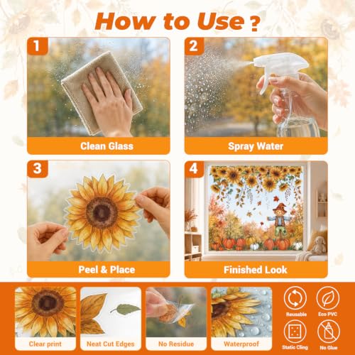 Fall Window Clings - 9 Sheets of Sunflower & Pumpkin Decor
