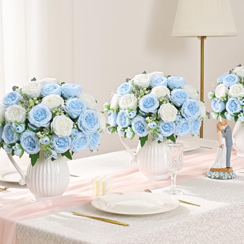 Mixed White Blue Artificial Peonies - 2 Pack Silk Flowers