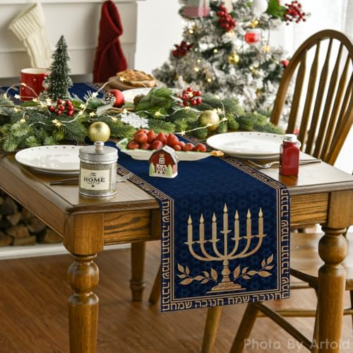 13x120 Inch Hanukkah Menorah Candle Table Runner Blue - Holiday Decor