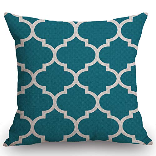 Teal White Quatrefoil Throw Pillow Cover 18x18 Inch - Cotton Linen