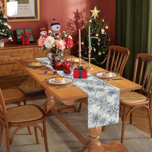 Winter Snowflake Christmas Table Runner 13x120 Inch Watercolor Farmhouse Decor