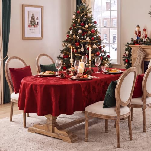 Christmas Jacquard Oval Tablecloth Red Flower Pattern 60x84 Inches - Festive Holiday Decor