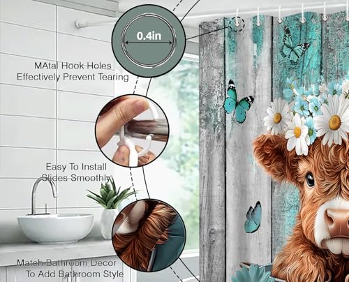 Highland Cow Shower Curtain 70x70 Inches - Teal Floral Design