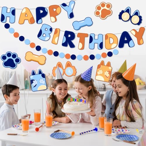Blue & Orange Happy Birthday Banner Set - Pre-Strung Dog Theme Decorations
