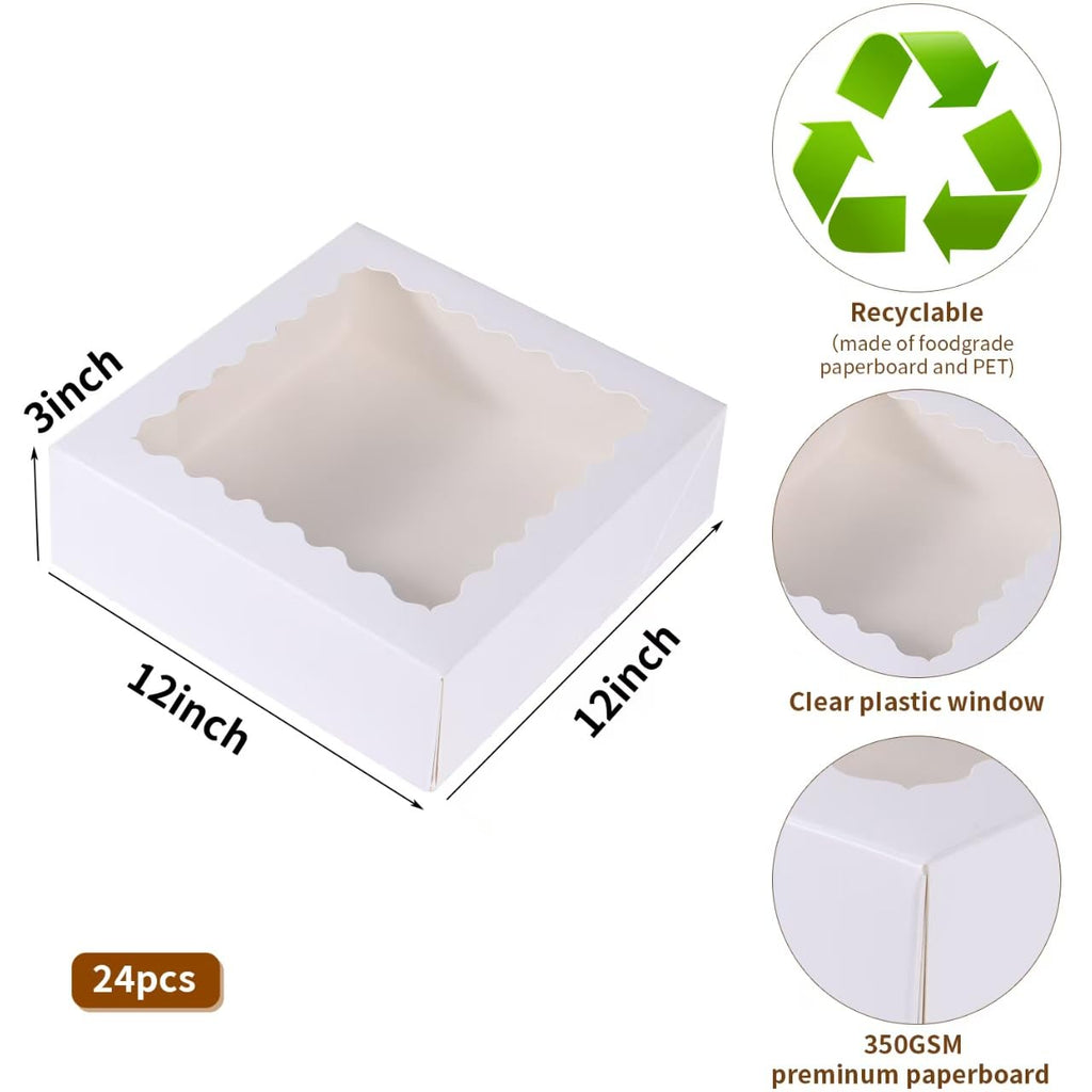 PFAMKEER 24 pcs12x12x3 Inch Bakery Boxes with Window, White 12 inch Cake Pastry large Pie Cookie Box for Dessert,strawberry,Chocolates Boxes