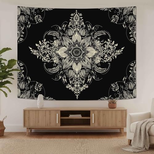 Lifeel Black and White Floral Tapestry 48" x 36" | Boho Wall Hanging