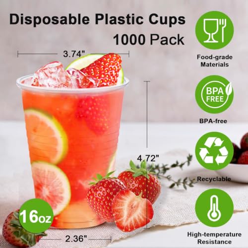 Lamosi 16 oz Disposable Clear Plastic Cups - 1000 Pack, Crack-Resistant & Heat Resistant
