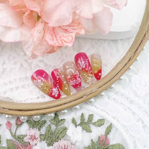 ZOAZJINAZ Long Almond Press on Nails Floral Gradient Fake Nails Kit