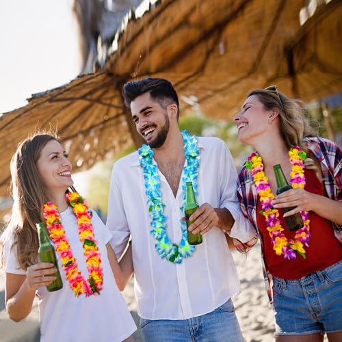 32PCS Hawaiian Luau Party Set - Red Floral Leis, Wristbands & Photo Glasses