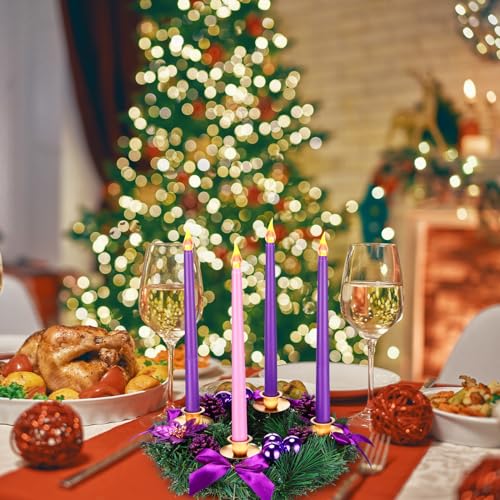 Christmas Advent Wreath Candle Holder Set with 8 LED Candles | Purple & Pink