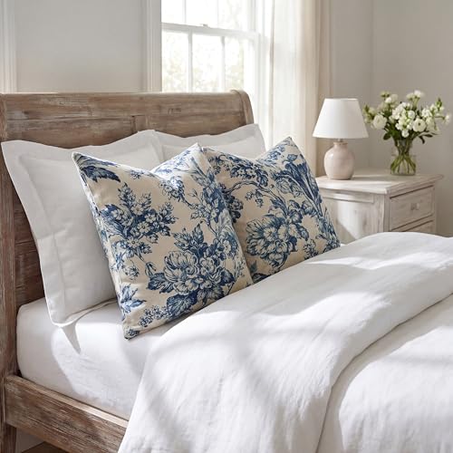 Vintage Blue White Floral Linen Throw Pillow Covers - Set of 2, 18x18