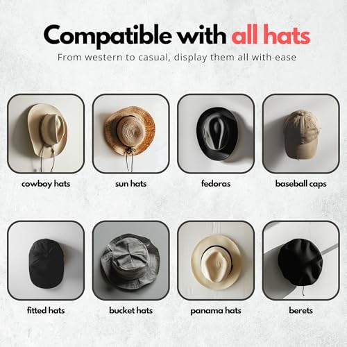 Modern JP Cowboy Hat Hooks for Wall - 6-Pack Adhesive Wall Mount Rack