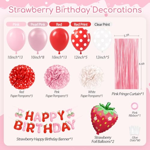 Strawberry Birthday Party Decorations Kit with Balloons & Pompoms