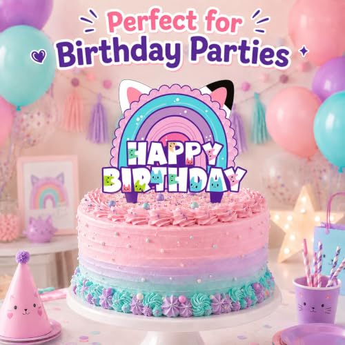 Dollhouse Cake Topper for Girls Birthday Party, Cat Rainbow Design